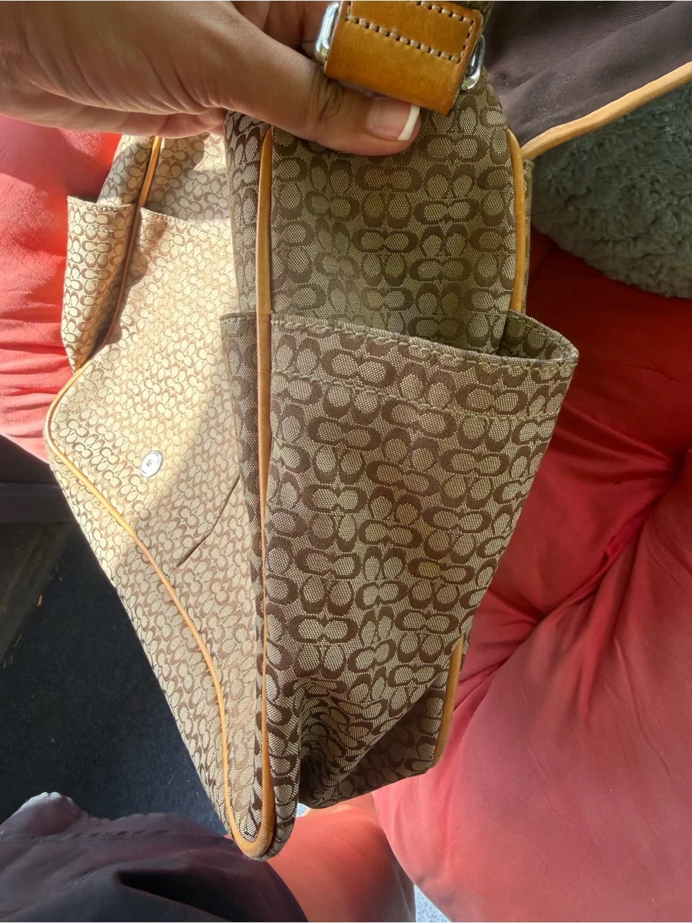 Coach Brown Signature Canvas Messenger with Tan Leather Stripe